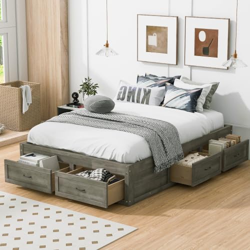 CITYLIGHT Full Size Platform Bed with 6 Drawers, Wooden Full Bed Frame with Storage and Wood Slat Support, Antique Grey
