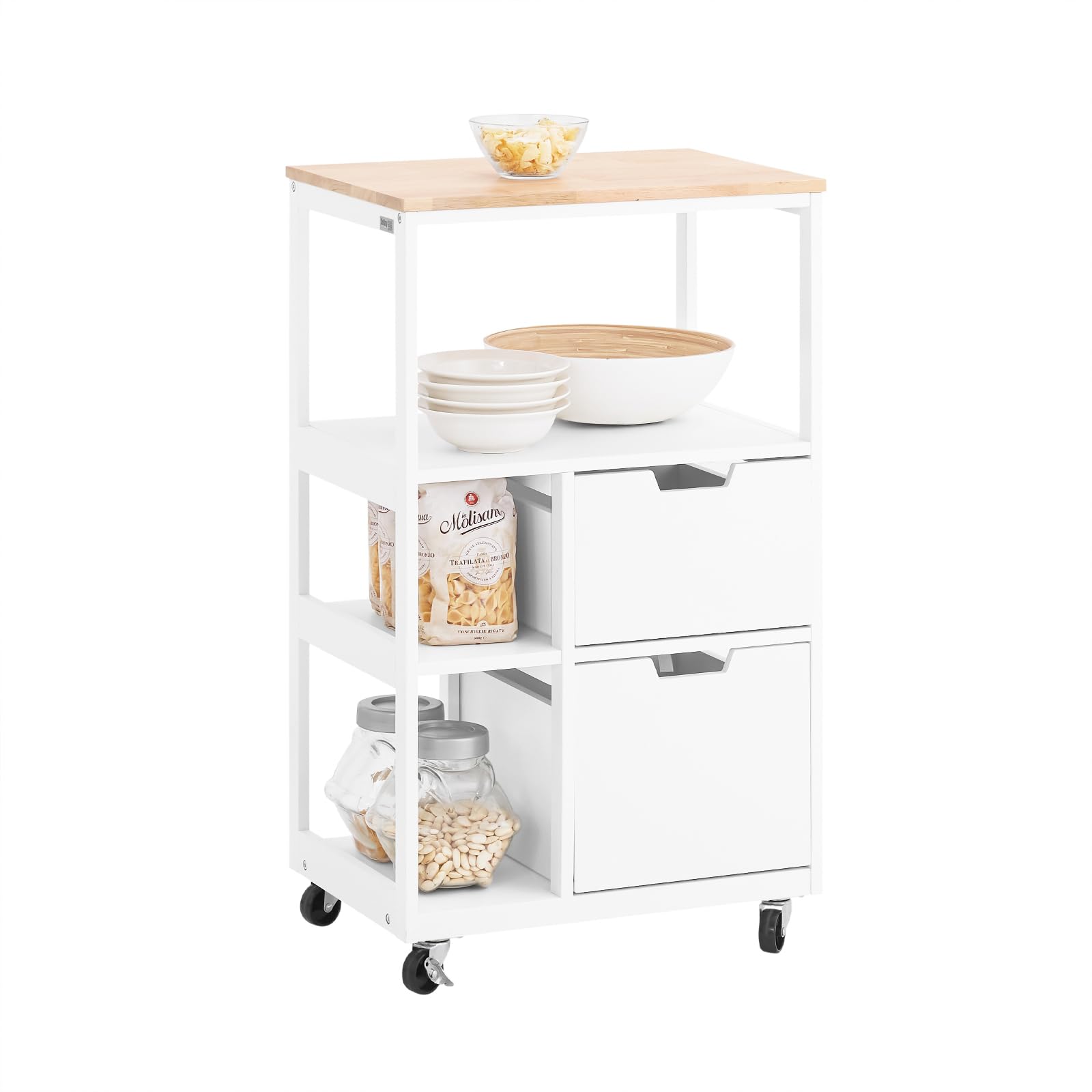 SoBuy Carrito Auxiliar con Ruedas para Espacios Pequeños, Mueble Auxiliar de Cocina con Cajones, Isla de Cocina con Ruedas, Carrito de Cocina con 3 Estantes Estilo Moderno Blanco 53x37x89 cm FKW111-WN
