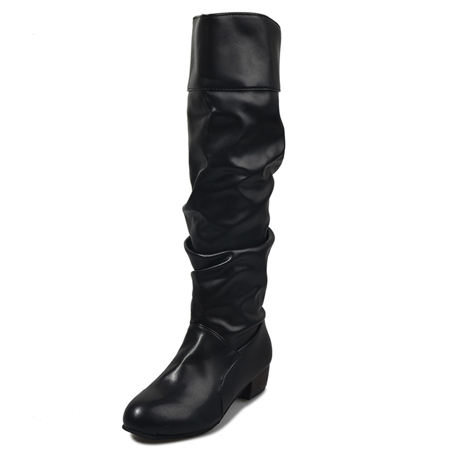 Slouchy Boots For Women Flat Low Heel Mid Calf Round Toe Comfort Dress Booties Slip on Pointed Toe