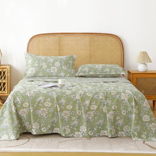 Image of Story@Home King Size Bedsheet | Air Cotton Flatsheet King Size with Two Pillow Covers| 240 TC | Super Soft Bed Sheet for King Size Bed | Floral Design (270 x 250 cm, Green & White)