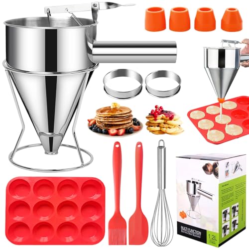 Distributeur de Pâte, 1200 ml, Distributeur de Pâte à Crêpes en Acier Inoxydable avec Support, 4 Buses, 2 Anneaux à Muffins, Plaque à Muffins, Fouet, Brosse en Silicone, Grattoir, pour Crêpes Cupcakes