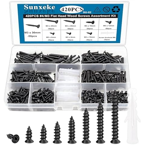 Sunxeke 420PCS M3 Small Wood Screws Assortment Kit,Phillips Drive Flat Head Self-Tapping Screws, Black Short Screws Set with 20pcs M6 Screw Anchors Cover