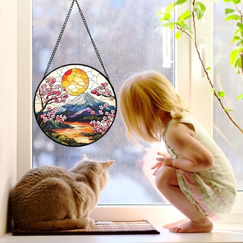 Image of DASTOLL Stained Glass Window Hanging, Sun Blooming Cherry Blossoms Suncatcher Diamond Glass Panel Sun Catchers Decor for Birthday for Women, Men, Wife, Aunt, and Mom 6.3 in