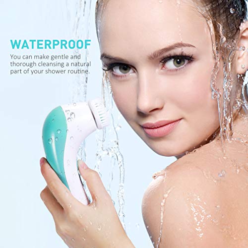 【2020 Upgraded】ETEREAUTY Facial Cleansing Brush, Waterproof Face Brush with 4 Brush Heads and a Protective Travel Case - Deep Cleansing, Gentle Exfoliating, Removing Blackhead for Face and Body, Cyan