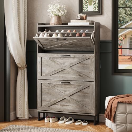 Image of Maupvit Shoe Storage Cabinet with 3 Flip Drawers, Freestanding Organizer with Metal Legs for Entryway, Narrow Shoe Rack Cabinet, Light Rustic Oak