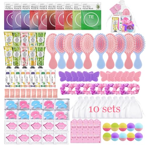 110PCS Spa Party Supplies for Girls Spa Day Kit Include Face Masks Skincare Hand Cream Lip Balm Under Eye Patches Mini Hair Brush Birthday Sleepover Party Supplies for Teen Girls Spa Gifts