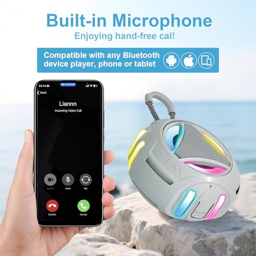 Image of Portable Bluetooth Speaker, IPX7 Waterproof Shower Speaker, Wireless Outdoor Speakers, Floating, Built-in Mic, 24H Playtime with LED Lights, Loud HD Sound, Powerful Bass, Gifts for Unisex - Gray