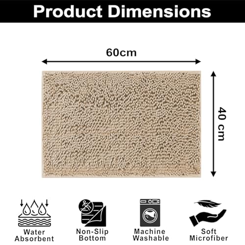 Image of LUXE HOME INTERNATIONAL Shaggy Chenille Bath Mat Extra Soft Super Absorbent Anti Skid Popcorn Door Mats for Home Entrance, Bathroom, Bedroom, Kitchen, Floor Mat (40x60 cm Beige) Pack of 1