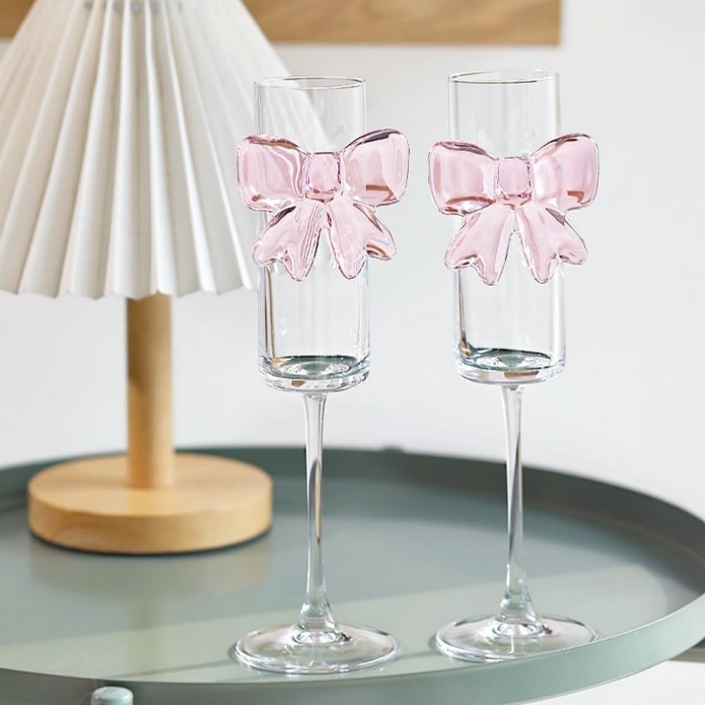2 Stück Champagnerflöten, ultradünnes Champagnerglas mit rosa Schleife, 160 ml klares Weinglas mit hohen Füßen for Partys Getränkebecher