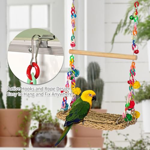 Image of Natural Bird Swing Toys with Wood Perch,Double Layer Bird Seagrass Woven Climbing Hammock with Chewable Perch Stand Chewing Toy for Parakeets,Budgies,Conures,Cockatiels,Lovebirds