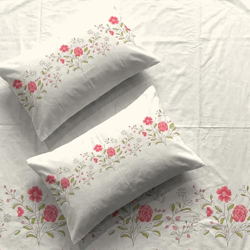 Image of Urban Space Serene 100% Cotton Bedsheet for Double Bed, Floral Queen Size Bed Sheet with 2 Pillow Covers (88 x 100 Inches, Poppy Bloom)