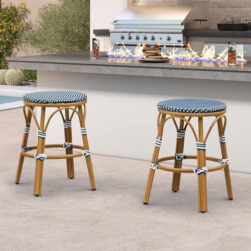 Image of PURPLE LEAF French Patio Round 26 inch Counter Stool Set of 2 Large Handwoven Wicker Rattan Seat Armless Barstools with Bamboo Finish Aluminum Frame for Outdoor Deck Garden Pool Deep Blue