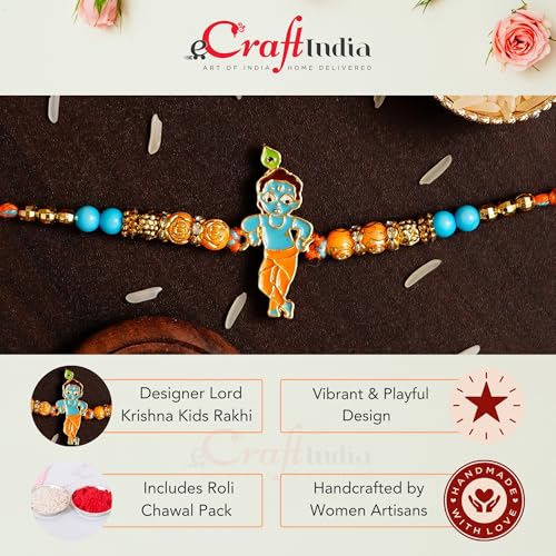 Image of eCraftIndia Multicolor Designer Lord Krishna Kids Rakhis, Best Bro Ever Fridge Magnet with Roli Chawal Pack - Rakhi for Brother, Bhaiya, Bhai