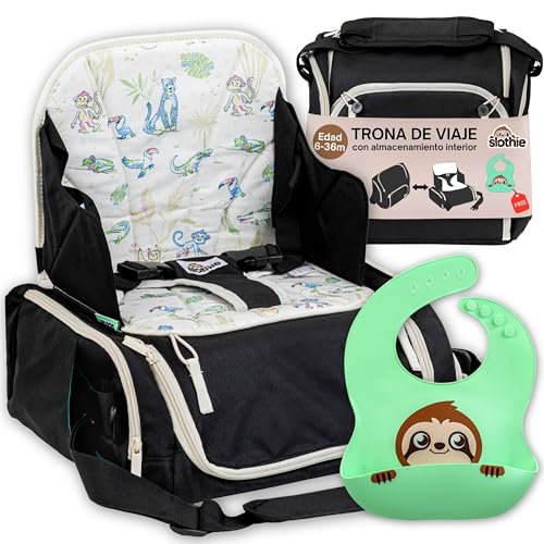Slothie Trona Portátil para Bebé – Trona de Viaje Portátil para Comer, Asiento Elevador Plegable con Almacenamiento, Incluye Colgador Carrito y Babero de Silicona