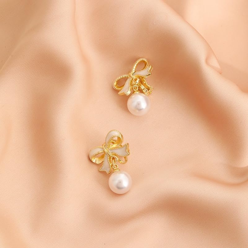 Twinkle Pearl Bow Dangle & 925 Silver Stud Earrings for Women & Girls | Pink and Gold Bow Ribbons Earrings | Holiday Birthday Jewelry Gifts for Her: Pink