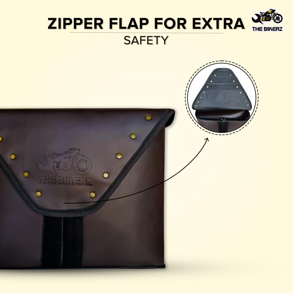 THE BIKERZ Zipper Flap Riveted Motorcycle Side Bags Saddle Bags Solo Bag Waterproof Luggage Leatherette Bag Compatible with All Bikes (Brown)