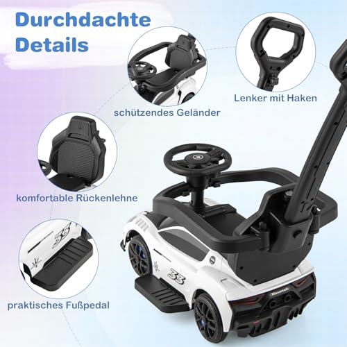 COSTWAY Mazerati Rutschauto, Rutscherfahrzeug mit Schutzbügel & Schiebestange, Schiebauto mit 2 Universalrädern & Staufach & Musik, Rutscher Auto für Kinder ab 1 Jahr (Weiß) – Bild 6