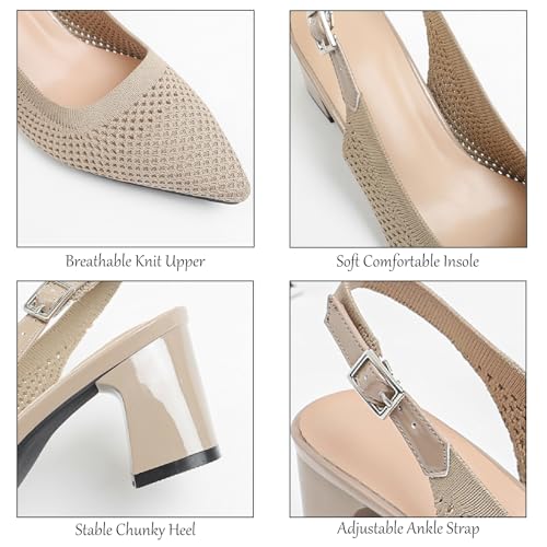 Women's Knit Chunky Heels Slingback Pumps with Adjust Ankle Strap Fashion Pointed Toe Breathable Mesh High Heels Sandals for Work Office Party Dress Shoes3