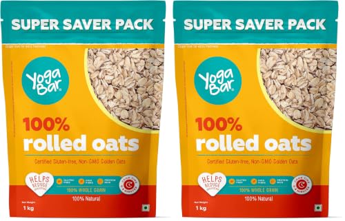 Image of Yogabar 100% Rolled Oats 1 kg Pouch | Premium Golden Rolled Oats, Gluten Free Oats with High Fibre, Non GMO | Healthy Food with No Added Sugar | Diet Food for Weight Management - 1 kg (Pack of 2)