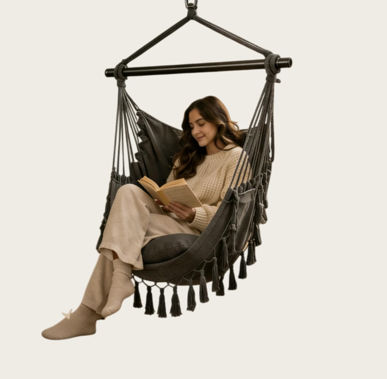 Hammock Chair Swing with Cushions, Tassel Boho Style, Indoor Outdoor, 100CM Wide, Easy Install, Heavy Duty with Chain, Hook & Side Pocket (Dark Gray)