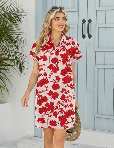 Image of HOTOUCH Womens Summer Shirt Dress 2026 Short Sleeve Floral Shift Dress Casual Loose Flowy Beach Sundress with Pockets