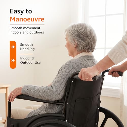 Image of Amazon Basics Foldable Wheelchair | Adjustable Armrests & Footrests | Comfortable Cushioned Seat | Steel Frame | Easy to Manoeuvre for Indoor & Outdoor Use | Elderly & Patient Care