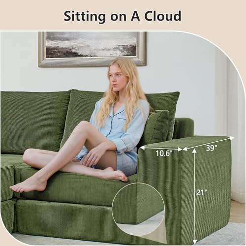Image of L Shaped Boneless Couch Modular Sectional Sofa, Modern Cozy Corduroy Cloud Couch Loveseat with Ottoman, Memory Foam Convertible Sectional Sleeper Sofas for Living Room, Green