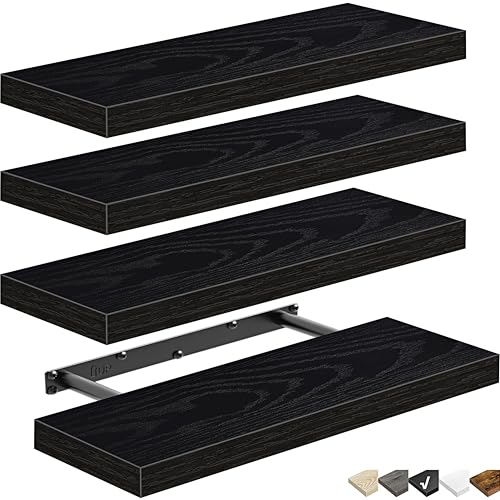 Image of QEEIG Floating Shelves for Wall Bathroom Shelf Bedroom Kitchen Living Room Farmhouse Small Book Shelf 16 inch Set of 4, Black (015-B4)