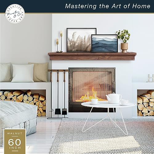 Image of MCS 60-Inch Mantel, Master & Co Walnut Woodgrain Solid Wood Floating Fireplace Mantel, Long Floating Shelf for Livingroom with Wood Cleat Hanging System, Photo and Home Decor Display Shelf