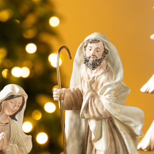 Image of Glitzhome Set of 5 Gold Christmas Tabletop Scenes, 2 Christmas Table Trees with Holy Family - Joseph, Mary, Baby Jesus Nativity Figurines Sets for Xmas Indoor Mantel Shelf Decor, Home Accents