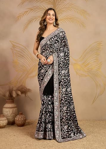Image of TRENDMALLS Women's Georgette Multi Colour Resham Thread Embroidery with Siroski work Saree with Unstitched Blouse Piece