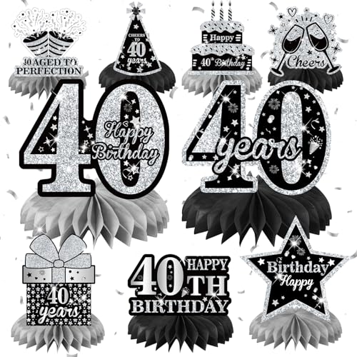 9Pcs Black Silver 40th Birthday Decorations Black Silver 40th Birthday Honeycomb Centerpieces for Tables Decor 40th Birthday Table Topper Cheers to 40 Years Sign for Men Women 40th Birthday Party