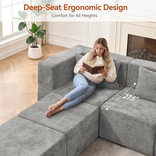 Image of MONVANE Modular Sectional Cloud Couch for Living Room - 130'' 6 Seater Convertible Chenille Couches Set with Ottoman, No Assembly Compression Sofas, Comfy Floor Sofa with Memory Foam, Light Grey