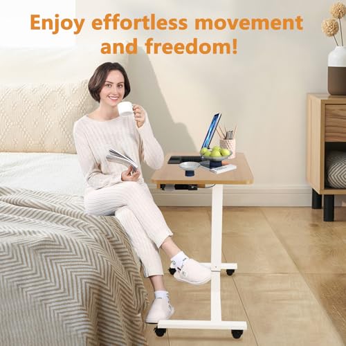Image of CLATINA Mobile Laptop Standing Desk Adjustable Height, Computer Desk Teacher Podium with Lockable Wheels, Work Table with Drawer, Portable Rolling Side Table Bed Desks for Home Office Classroom, White