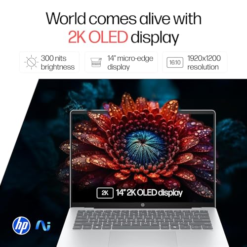 Image of HP Smartchoice OmniBook 5 OLED (Previously Pavilion), Snapdragon X Processor (16GB LPDDR5x, 512GB SSD) 2K, 14'' /35.6cm, Win11, M365(1yr)* Office24, Silver, 1.35kg, he0014QU, Next-Gen AI Laptop