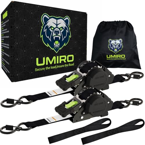 Retractable Ratchet Straps 1 Inch x 12 Feet Heavy Duty Tie Downs Auto Retract Ratchet Strap 1760lb Break Strength Self Retracting for Truck,Cargo,Trailer,Motorcycle,ATV,UTV (Black-Green,2 Pack)