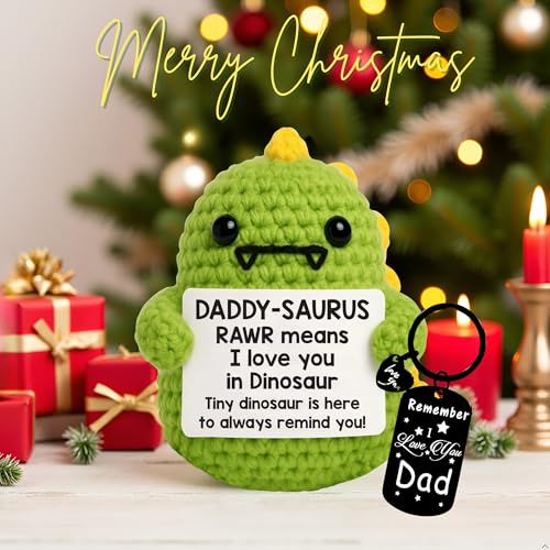 Image of Birthday Gift for Dad Dinosaur Stuffed Animal with Inspirational Keychain, Handmade Positive Crochet Animals Dino, Sentimental Emotional Support Crochet Keepsake, Thoughtful