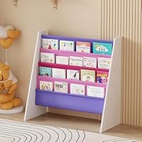 Rainbow Tree 4-Tier Children Sling Book Rack Bookshelf Wooden, Easy-to-Reach Storage for Books, Kids Book Rack Storage Bookshelf with Deep Sleeves, Ideal for Playrooms & Homeschooling (Pink)