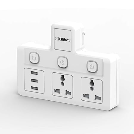 EMBOX 13A USB Extension Board with Individual Switch-Multi Plug Socket with 2 Sockets + 3 USB (2.4A-Direct Plug)- Flex Board with Safety Shutter Protection-2500W