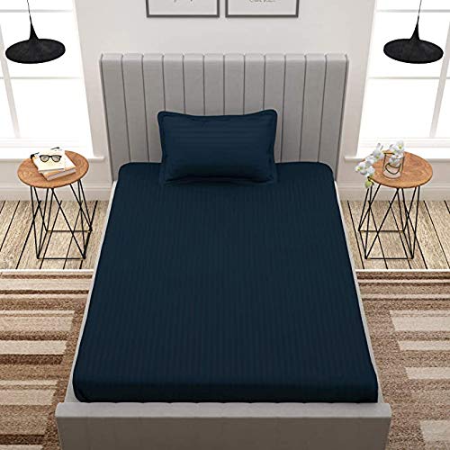 Image of Cotton Blend Fitted Stripe Single Size Elastic Fitted Bedsheets with Pillow Covers (Blue)