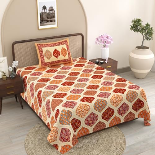 Image of Pure Cotton Single Bedsheet with 1 Pillow Cover, 220 TC Premium Jaipuri Bedsheet for Single Bed | 60x90 Inch - Multicolor Floral Print