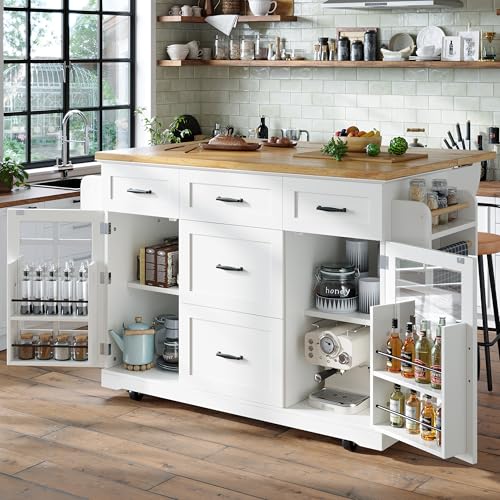VIVCA Isla de cocina 140 x 40 (63,5) x 95 cm, armario de cocina, aparador, carrito de servir, carrito de cocina con ruedas, estantes de altura ajustable, dos puertas, cinco cajones, color blanco.