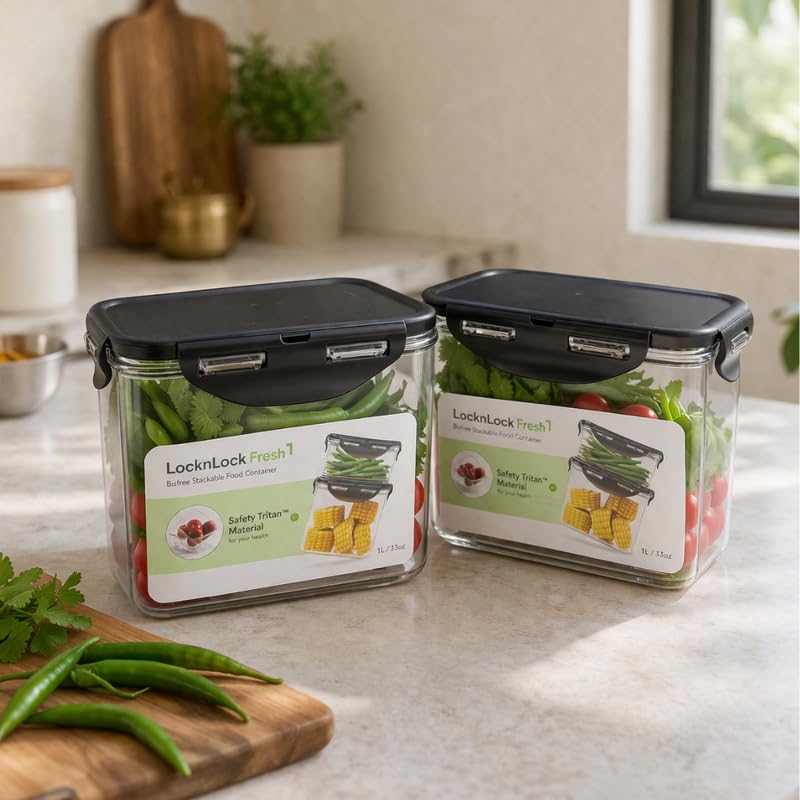 Image of LocknLock Bisfree Modular Storage Container Setof 2 (1000ml) | Stackable Airtight Food Containers | Microwave, Freezer & Dishwasher Safe | BPA Free Kitchen Storage Boxes