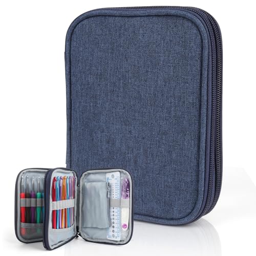 Image of Katech Crochet Hooks Case - Portable Travel Storage Bag with Zipper, Web Pocket, and Holder Slots for Various Crochet Needles (Blue)