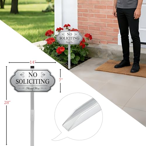 Image of Heavy Duty No Soliciting Sign for House - All Metal Construction No Soliciting Yard Sign - 14 inch x 7 inch - Aluminum - with 28 inch Long Stake