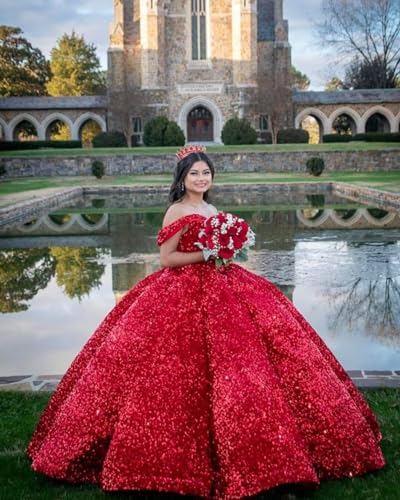 Mouccy Sparkly Sequin Prom Dresses Long Ball Gown Off Shoulder Quinceanera Dresses Puffy Glitter Evening Party Dresses3