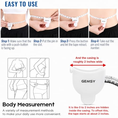 Image of Gemsy Retractable Body Measuring Tape 150 cm (60 inch) with Lock Pin & Push Button - Fiberglass Inch Tape for Body Fat Tracking, Weight Loss, Fitness, Tailoring & Sewing