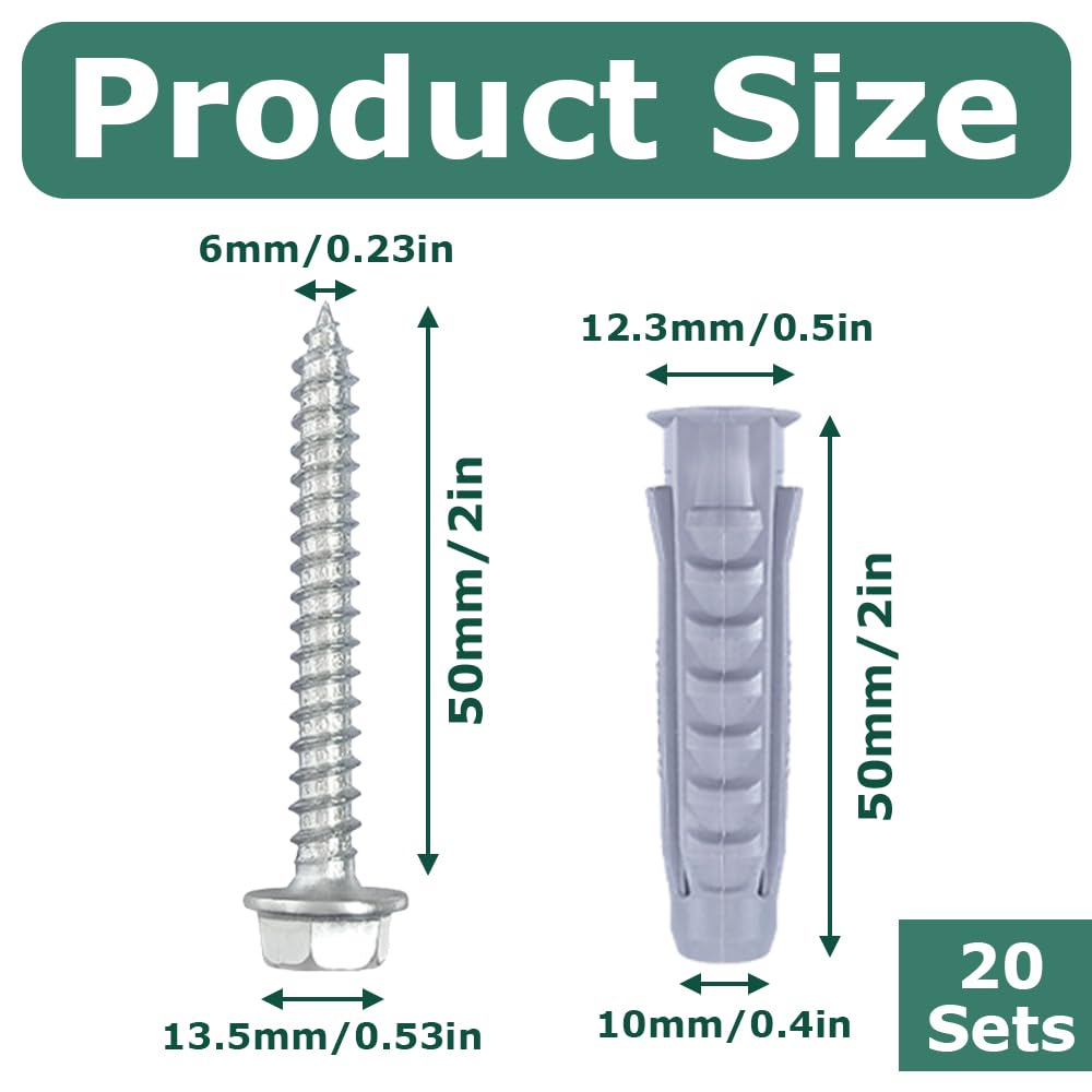 20 Sets M10x50mm Masonry Wall Plugs & Concrete Screws, Heavy Duty Coach Screws for Brick Wall TV Bracket, Fence, Shelves - Image 2