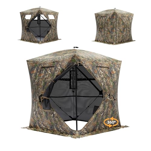 JOMAILIEEL Hunting Blind - 360 See Through Ground Blinds for Hunting Deer and Turkey, Pop Up Deer Blind with Diamond-Shaped Door, Mud Flap, Portable Carry Bag and Quiet-Fast Setup (2-3 Person)