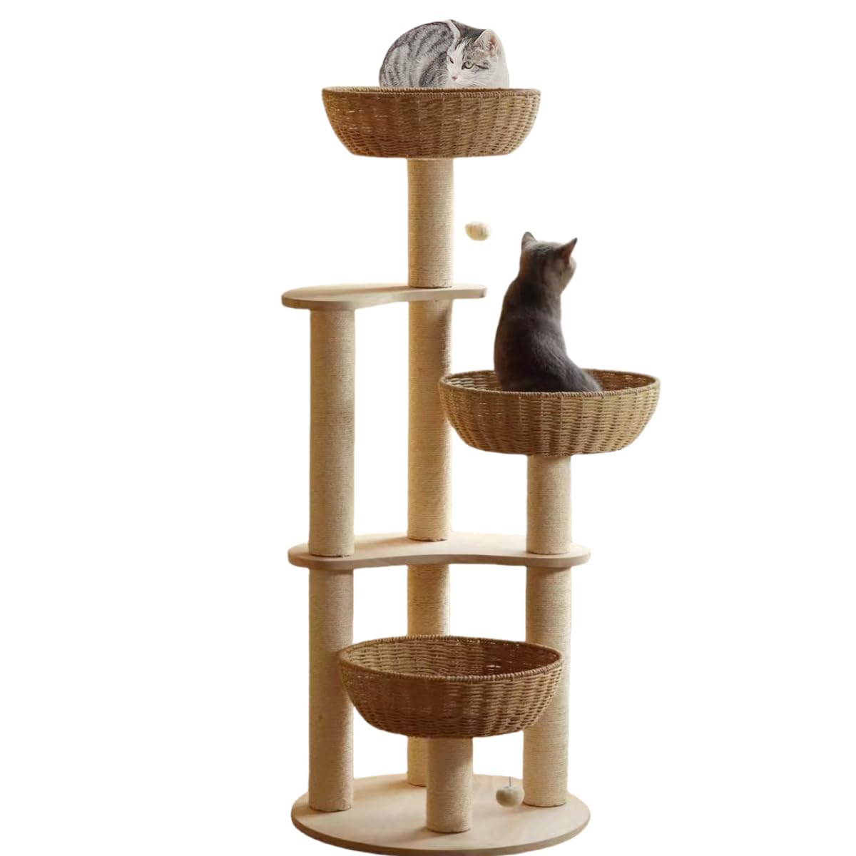 54" Large Modern Cat Trees, Luxury Rattan Oak Solid Wood Cat Trees Towers，3 Weaving Cat Nests & Washable Cool Cushions, Sisal Scratching Posts,Cat Condo for Indoor Cats- Wood Wax Oil Version